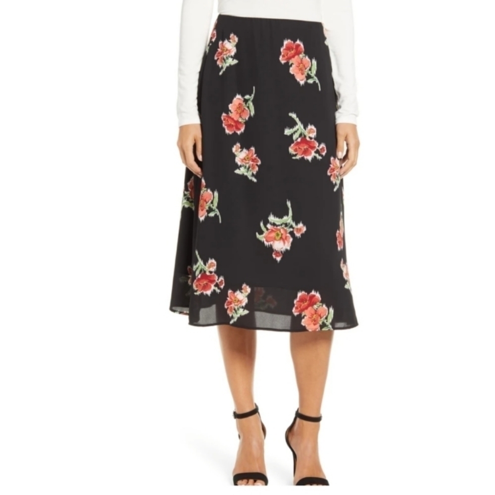 Loveapella a line midi skirt size small black red floral